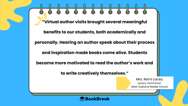 Virtual author talk program testimonial graphic highlighting the benefits of reading and writing motivation for students.