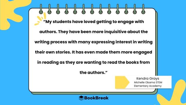Virtual author talk program testimonial graphic highlighting the benefits of reading and writing engagement for students.