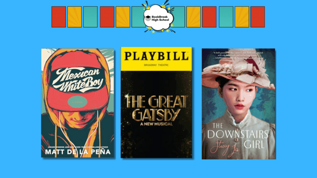 A graphic of three high school book covers featuring bestselling authors Matt de la Peña, Kait Kerrigan, and Stacey Lee.