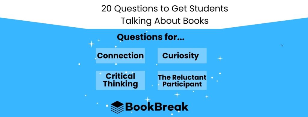 a graphic as a header with the text 20 Questions to Get Students Talking About Books and the 4 types of questions listed below