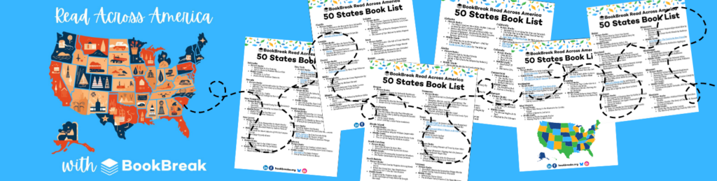 Illustrated U.S. map with the title “Read Across America with BookBreak” alongside multiple pages of a “50 States Book List” resource.