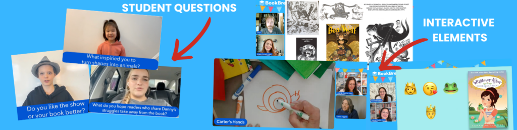 BookBreak collage showing student questions, interactive drawing activities, and virtual author talks featuring students engaging with authors and books.
