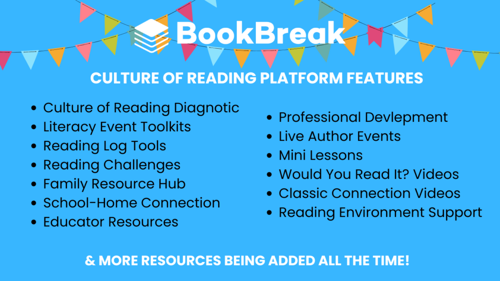 BookBreak graphic listing Culture of Reading platform features, including reading challenges, author events, educator resources, professional development, family resources, and literacy support tools.